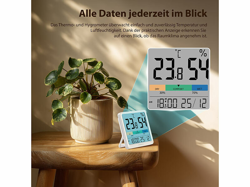 ; Digitales Thermometer/Hygrometer mit Uhrzeit-Anzeige und Wecker Digitales Thermometer/Hygrometer mit Uhrzeit-Anzeige und Wecker 