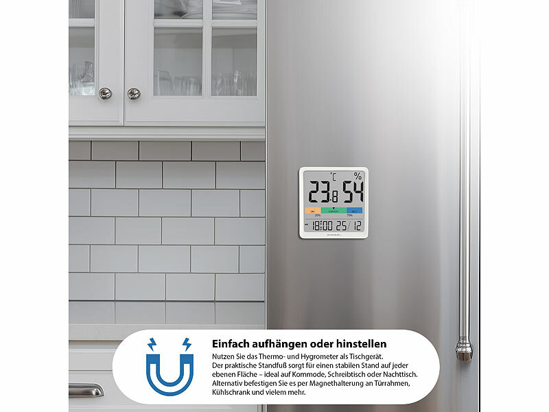 ; Digitales Thermometer/Hygrometer mit Uhrzeit-Anzeige und Wecker Digitales Thermometer/Hygrometer mit Uhrzeit-Anzeige und Wecker 
